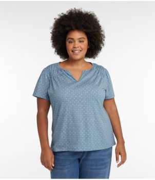 Women's Organic Cotton Tee, Smocked Notch-Neck Short-Sleeve Print