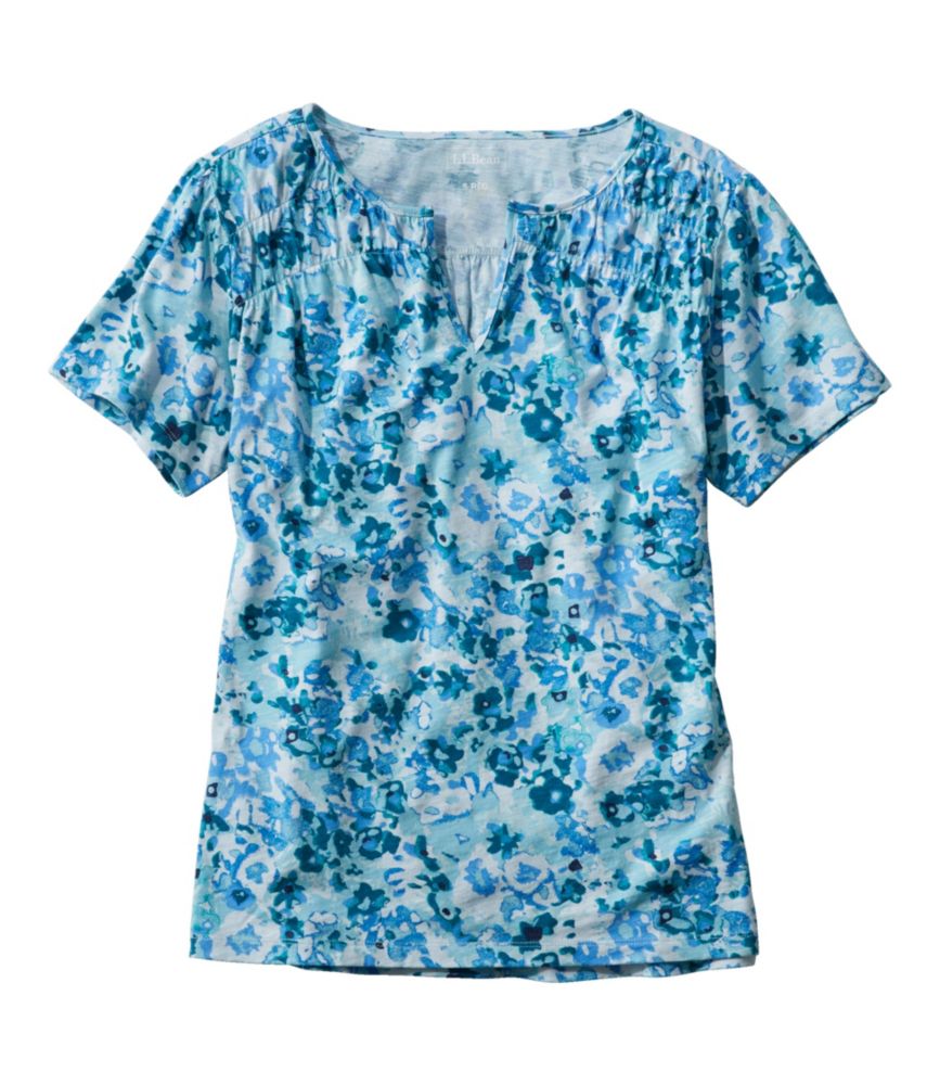 Women's Organic Cotton Tee, Smocked Notch-Neck Short-Sleeve Print