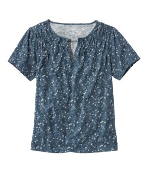 Women's Organic Cotton Tee, Smocked Notch-Neck Short-Sleeve Print