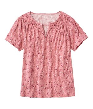 Women's Organic Cotton Tee, Smocked Notch-Neck Short-Sleeve Print