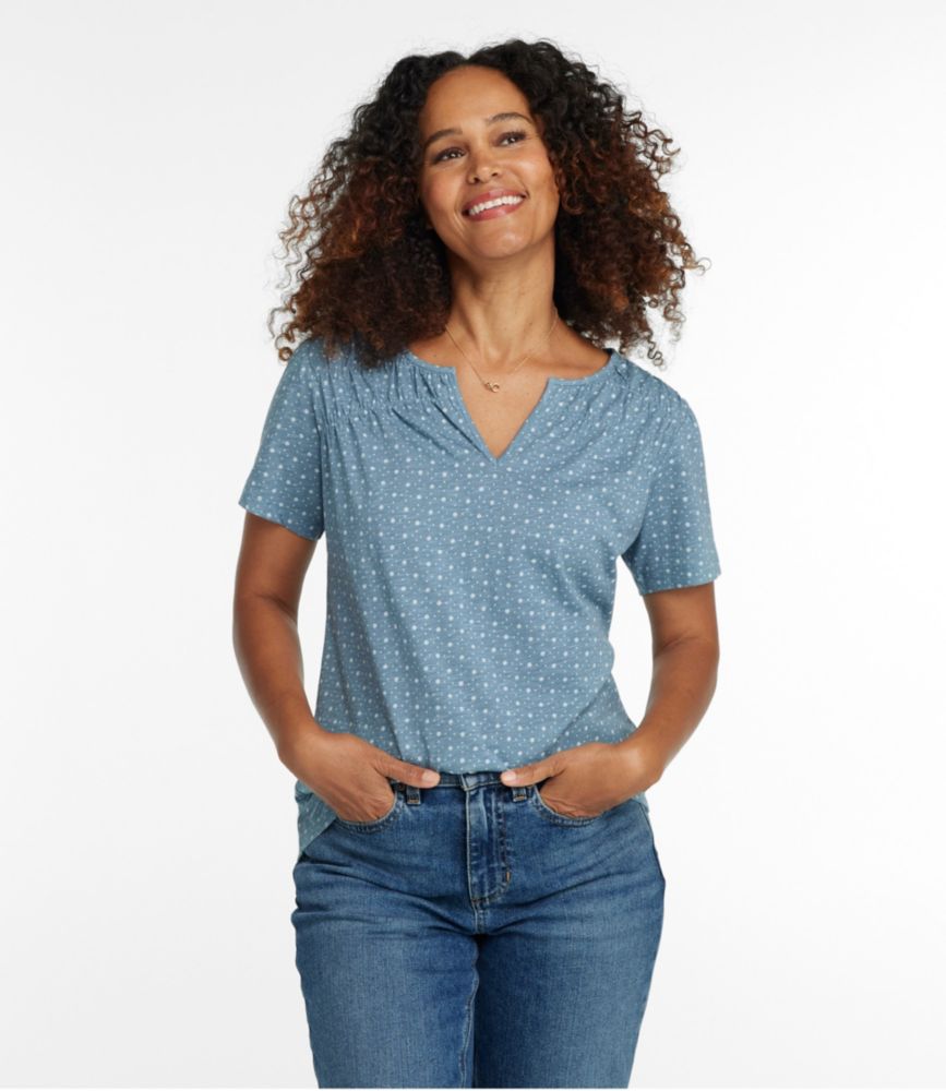 Women's Organic Cotton Tee, Smocked Notch-Neck Short-Sleeve Print, Cadet Blue Floral Dot, small image number 2