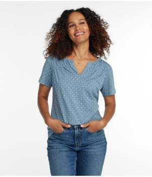 Women's Organic Cotton Tee, Smocked Notch-Neck Short-Sleeve Print