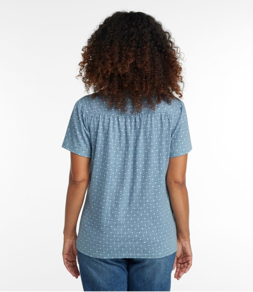 Women's Organic Cotton Tee, Smocked Notch-Neck Short-Sleeve Print, Cadet Blue Floral Dot, small image number 3