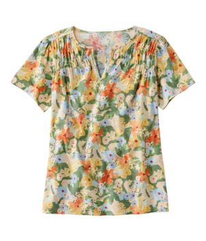 Women's Organic Cotton Tee, Smocked Notch-Neck Short-Sleeve Print