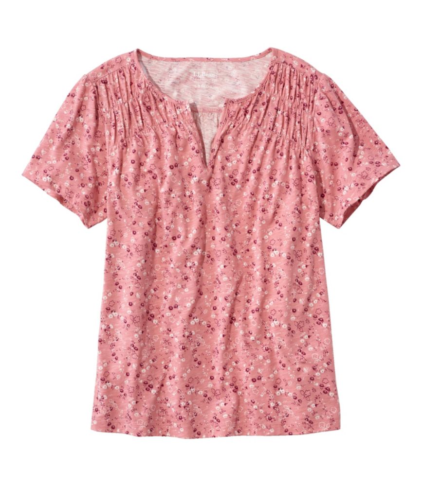 Women's Organic Cotton Tee, Smocked Notch-Neck Short-Sleeve Print, Rose Wash Ditsy Floral, small image number 1