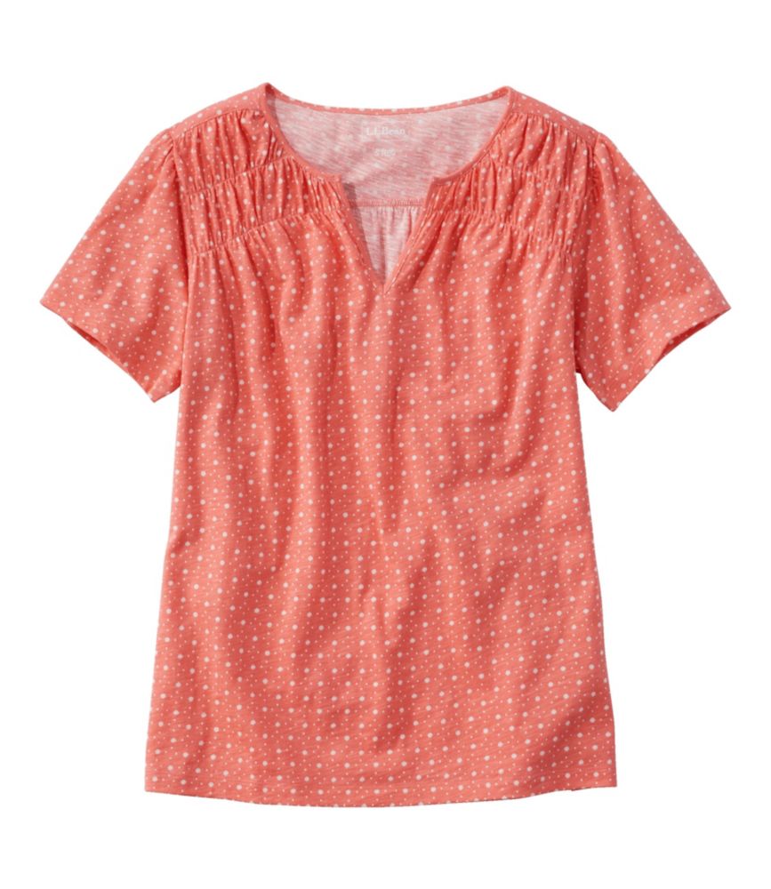 Women's Organic Cotton Tee, Smocked Notch-Neck Short-Sleeve Print, Warm Coral Floral Dot, small image number 1