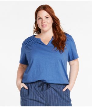 Women's Organic Cotton Tee, Smocked Notch-Neck Short-Sleeve