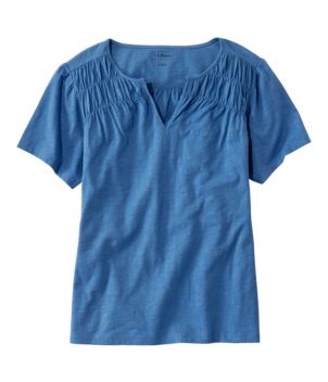 Women's Organic Cotton Tee, Smocked Notch-Neck Short-Sleeve