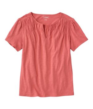 Women's Organic Cotton Tee, Smocked Notch-Neck Short-Sleeve