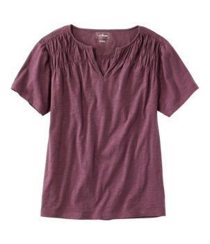 Women's Organic Cotton Tee, Smocked Notch-Neck Short-Sleeve