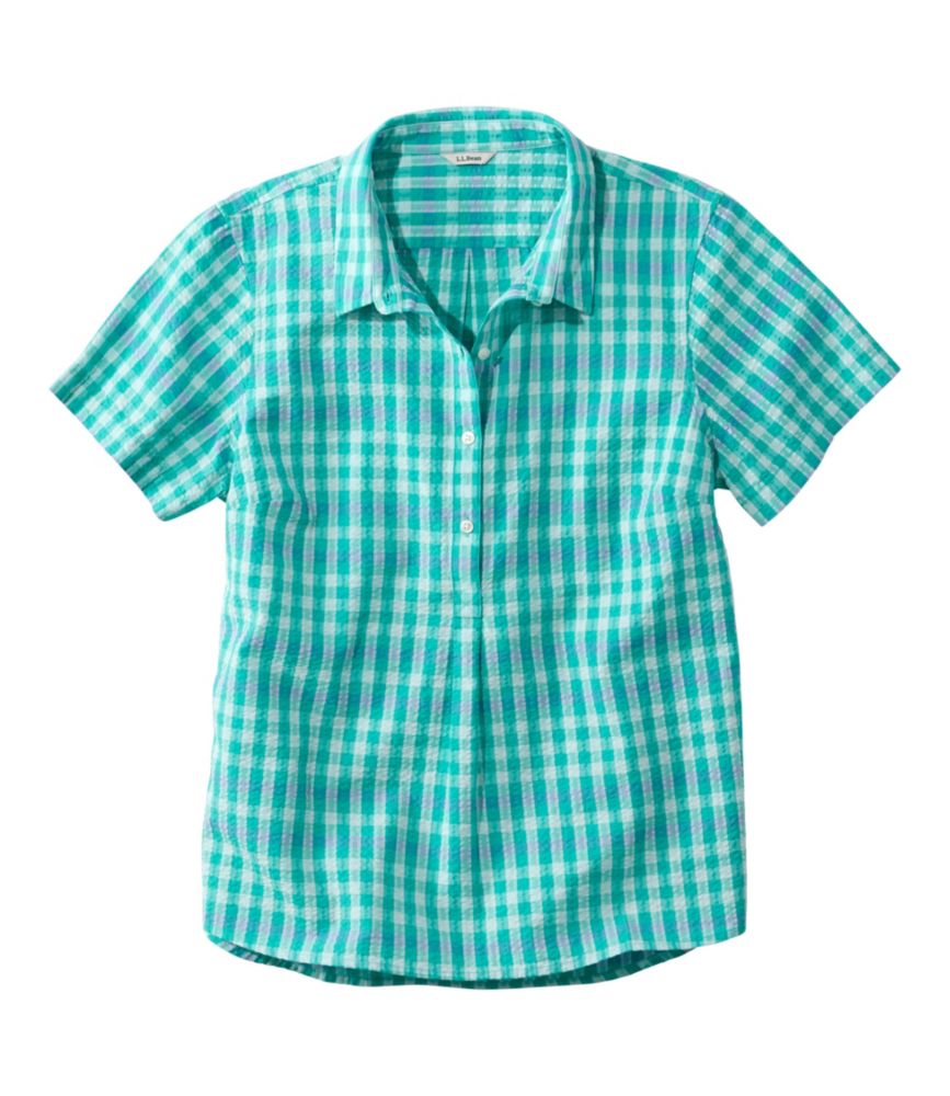 Women's Vacationland Seersucker Shirt, Short-Sleeve Popover Plaid, Coastal Aqua Gingham, small image number 1