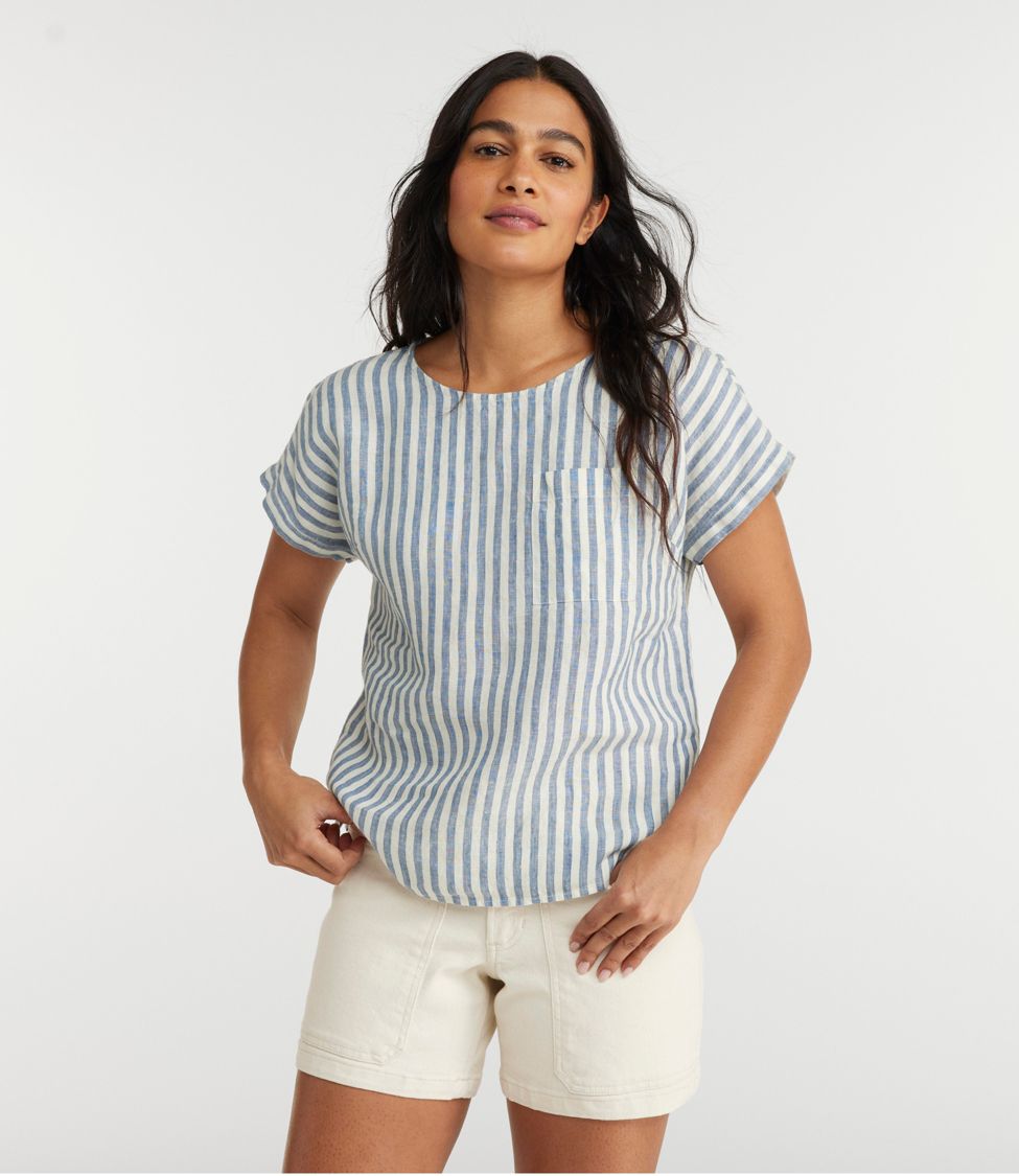 Women's Premium Washable Linen Shirt, Short-Sleeve Tee Stripe at