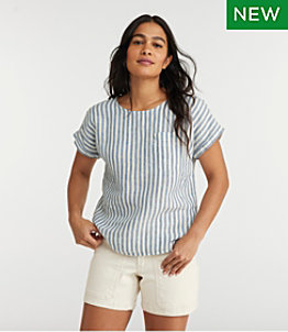 Women's Premium Washable Linen Shirt, Short-Sleeve Tee Stripe