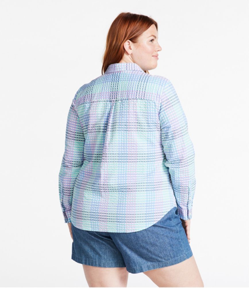 Women's Vacationland Seersucker Shirt, Long-Sleeve Plaid, Coastal Aqua Gingham, small image number 3