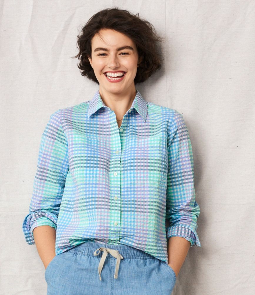 Women's Vacationland Seersucker Shirt, Long-Sleeve Plaid, Coastal Aqua Gingham, small image number 5