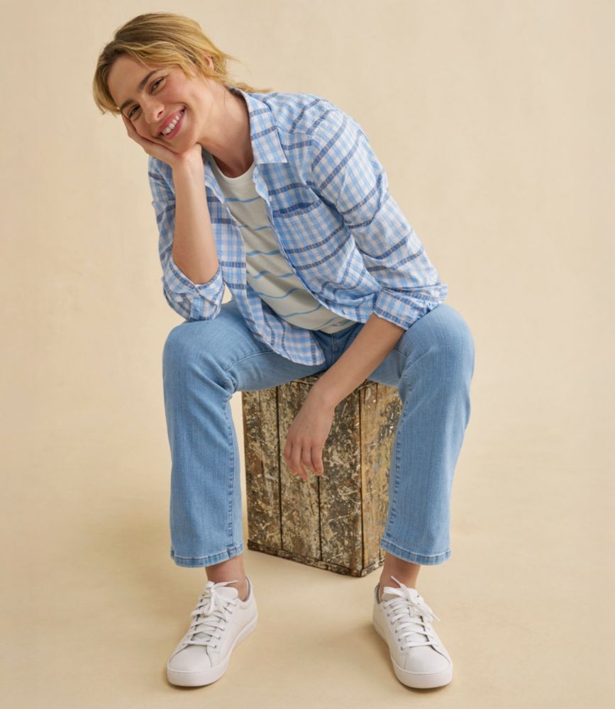 Women's Vacationland Seersucker Shirt, Long-Sleeve Plaid, Coastal Aqua Gingham, small image number 6