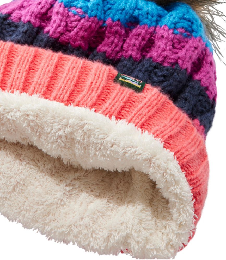 Kids' Cozy Striped Cable Pom Hat, Hot Coral, small image number 2