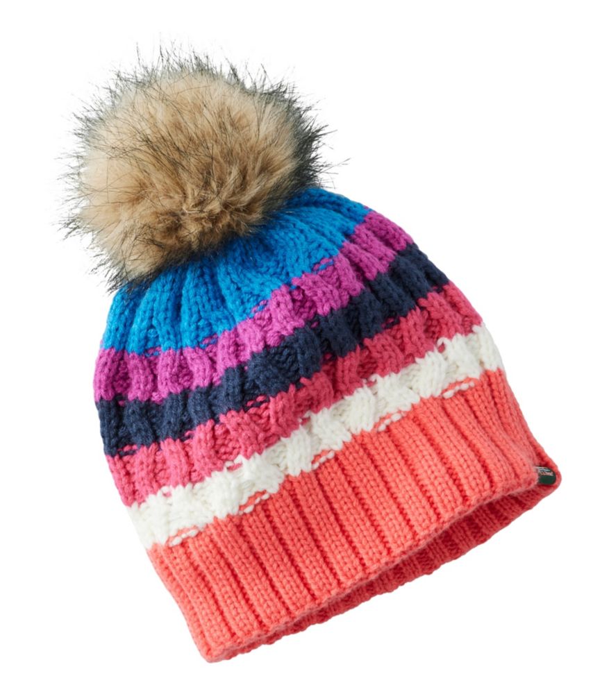 Kids' Cozy Striped Cable Pom Hat, Hot Coral, small image number 1