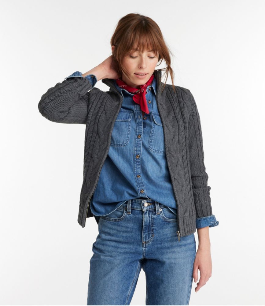 Women's Double L® Cable Sweater, Zip Cardigan, , small image number 2