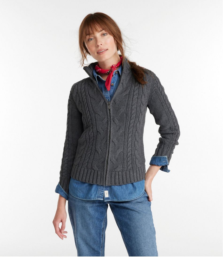 Women's Double L Mixed-Cable Sweater, Zip-Front Cardigan