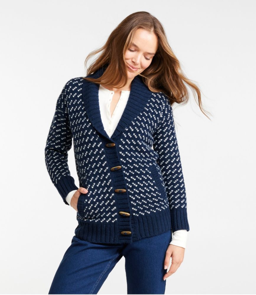 Women's Bean's Classic Ragg Wool Sweater, Cardigan Bird's-Eye, Classic Navy/Light Gray Heather Birdseye, small image number 2