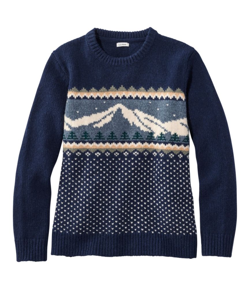 Women's Bean's Classic Ragg Wool Crewneck Intarsia Sweater, Classic Navy Mountain, small image number 1