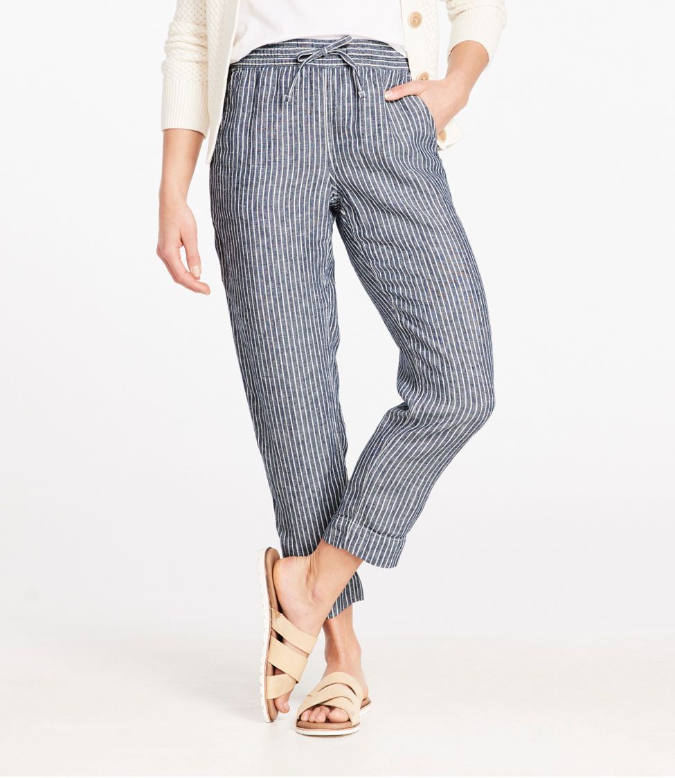 Women's Premium Linen Breezy Pull-On Ankle Pants, Mid-Rise Tapered-Leg  Stripe at L.L. Bean