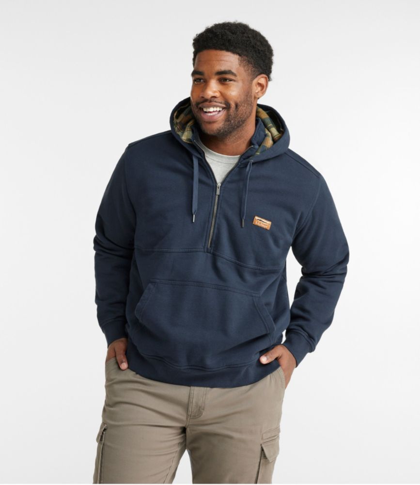 Men's Katahdin Iron Works® Half-Zip Sweatshirt, Hooded, Flannel-Lined, Navy/Saddle, small image number 4