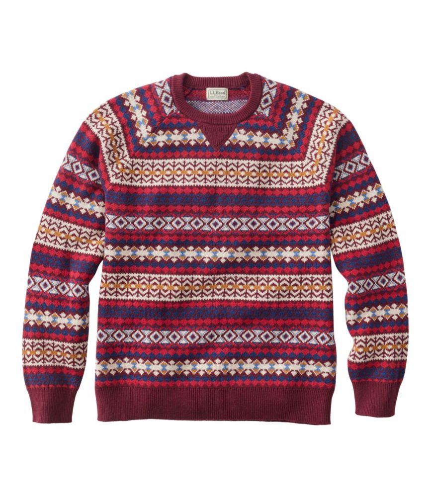 Men's Wicked Soft Cotton/Cashmere Sweater, Crewneck, Pattern, Deep Red Fair Isle, small image number 1