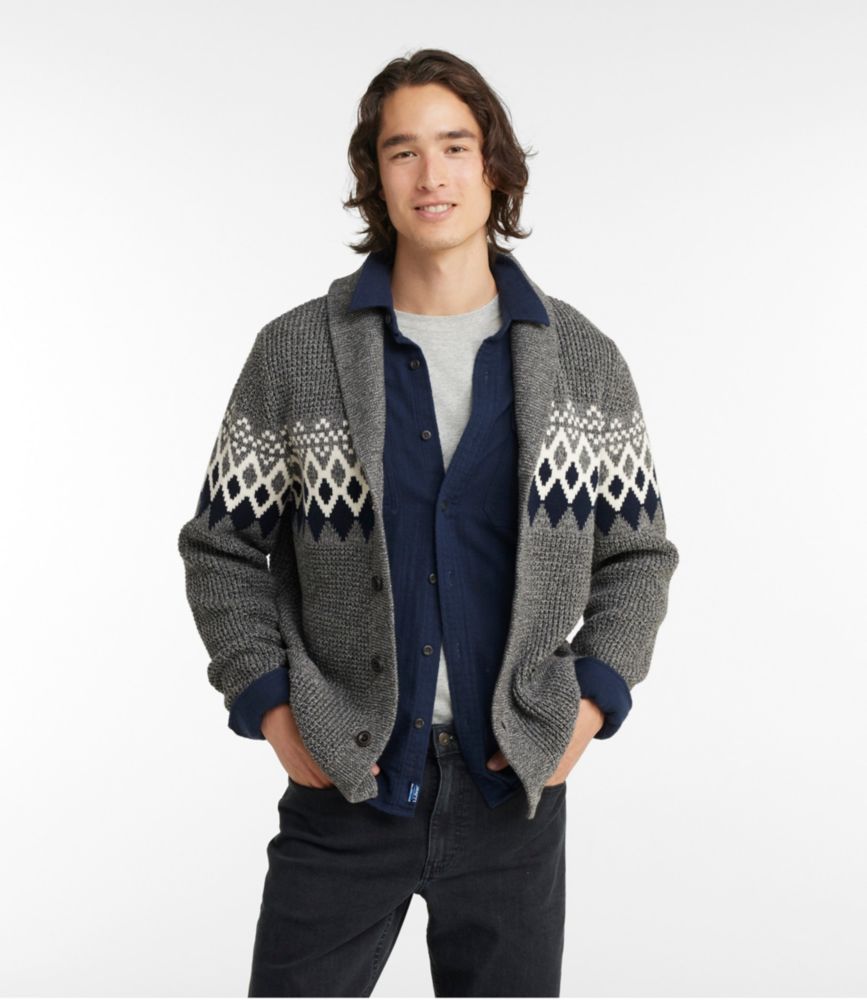 Men's Organic Cotton Cardigan Waffle Sweater, Fair Isle, Gray Heather, small image number 2