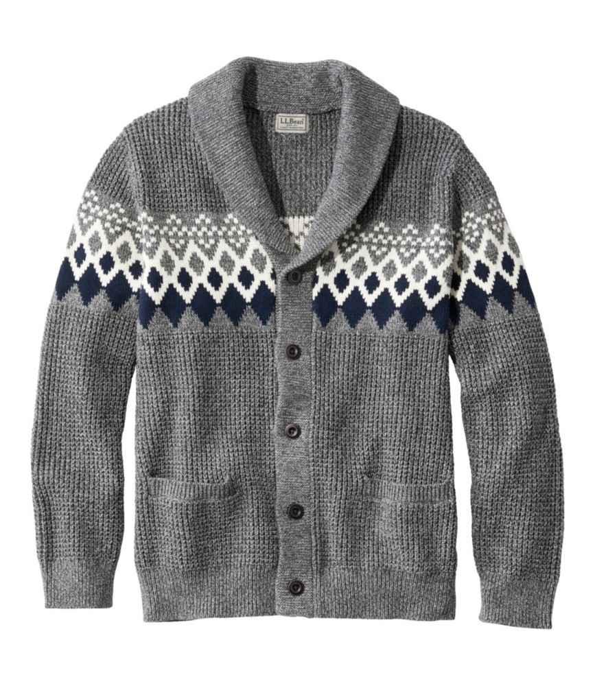 Men's Organic Cotton Cardigan Waffle Sweater, Fair Isle, Gray Heather, small image number 1