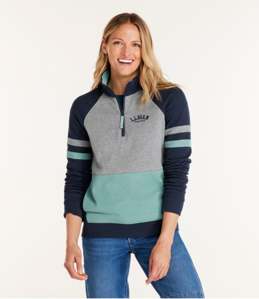 Women's L.L.Bean 1912 Sweatshirt, Quarter-Zip Colorblock, Deep Turquoise/Classic Navy, small image number 2