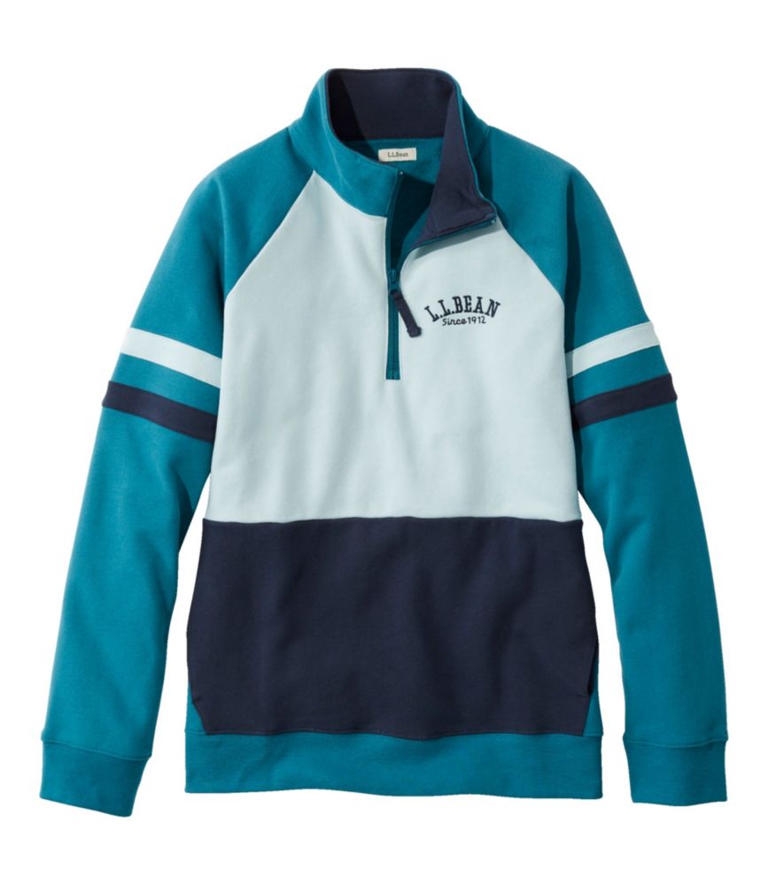 Women's L.L.Bean 1912 Sweatshirt, Quarter-Zip Colorblock, Deep Turquoise/Classic Navy, small image number 1