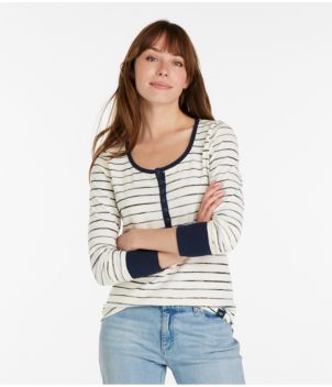 Women's Unshrinkable Mini-Waffle Tee, Long-Sleeve Henley Stripe