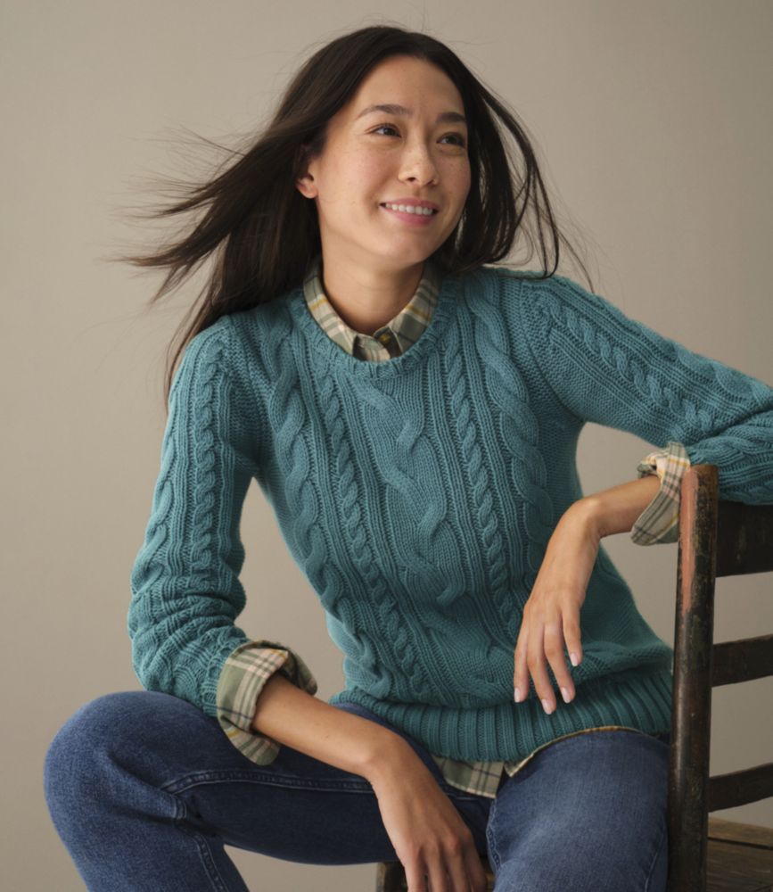 Women's Double L® Cable Sweater, Crewneck, Bone, small image number 5