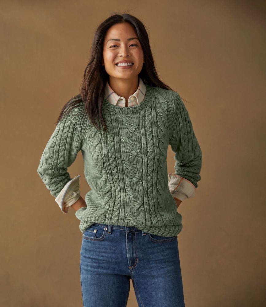 Women's Double L® Cable Sweater, Crewneck, Bone, small image number 6