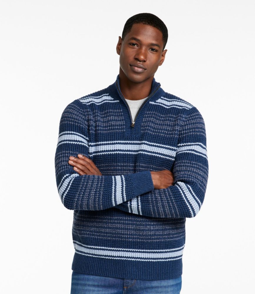 Men's Organic Cotton Waffle Sweater, Quarter Zip, Stripe, Mariner Blue Stripe, small image number 2