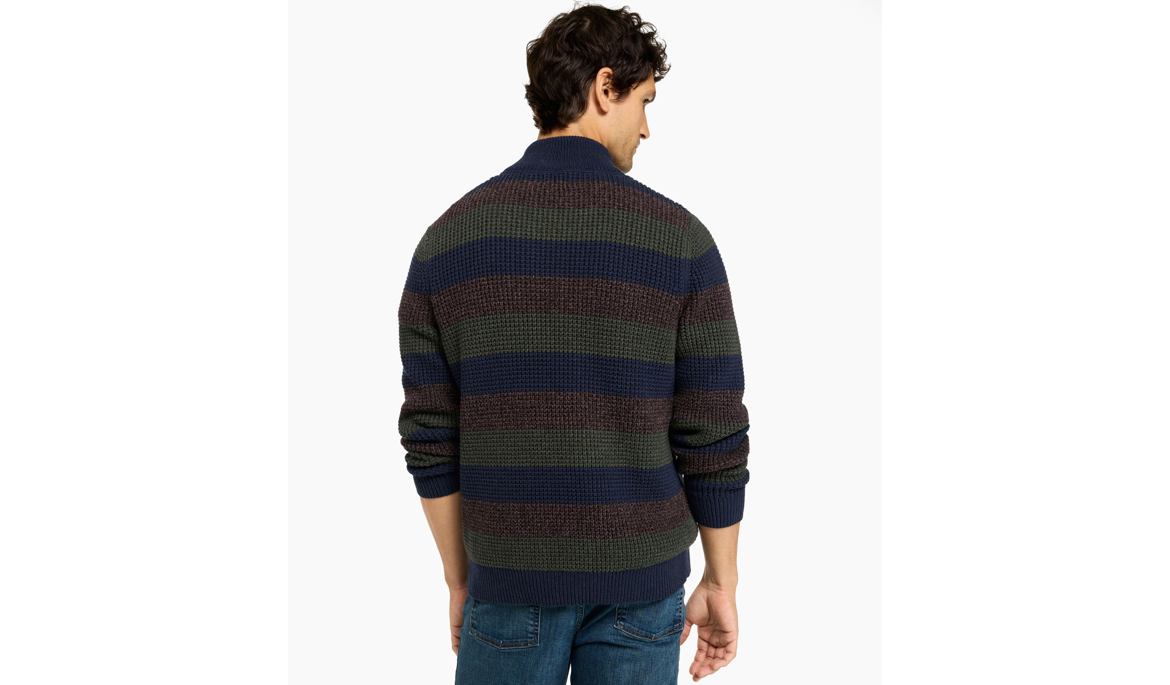 Men's Organic Cotton Waffle Sweater, Quarter Zip, Stripe