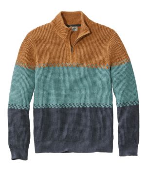 Men's Organic Cotton Waffle Sweater, Quarter Zip, Stripe