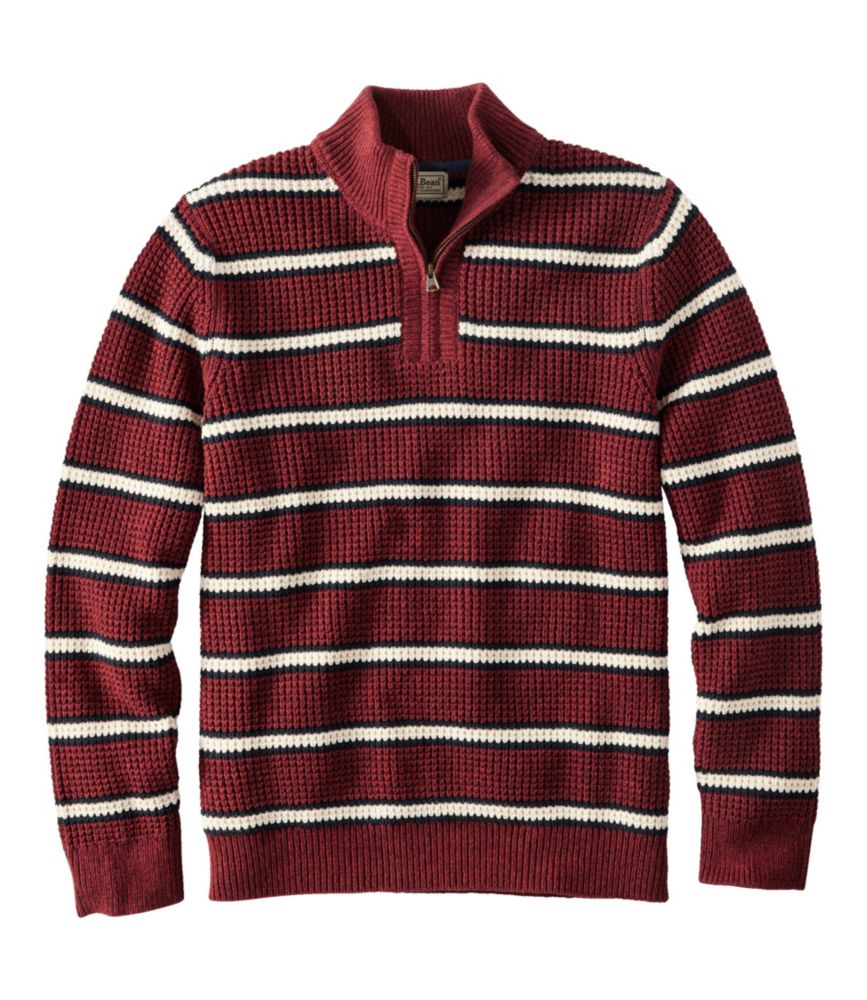 Men's Organic Cotton Waffle Sweater, Quarter Zip, Stripe, Antique Red, small image number 1