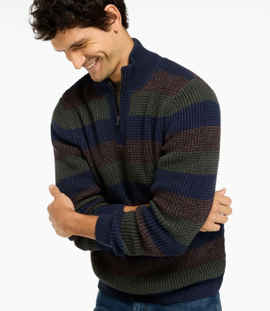 Men's Organic Cotton Waffle Sweater, Quarter Zip, Stripe