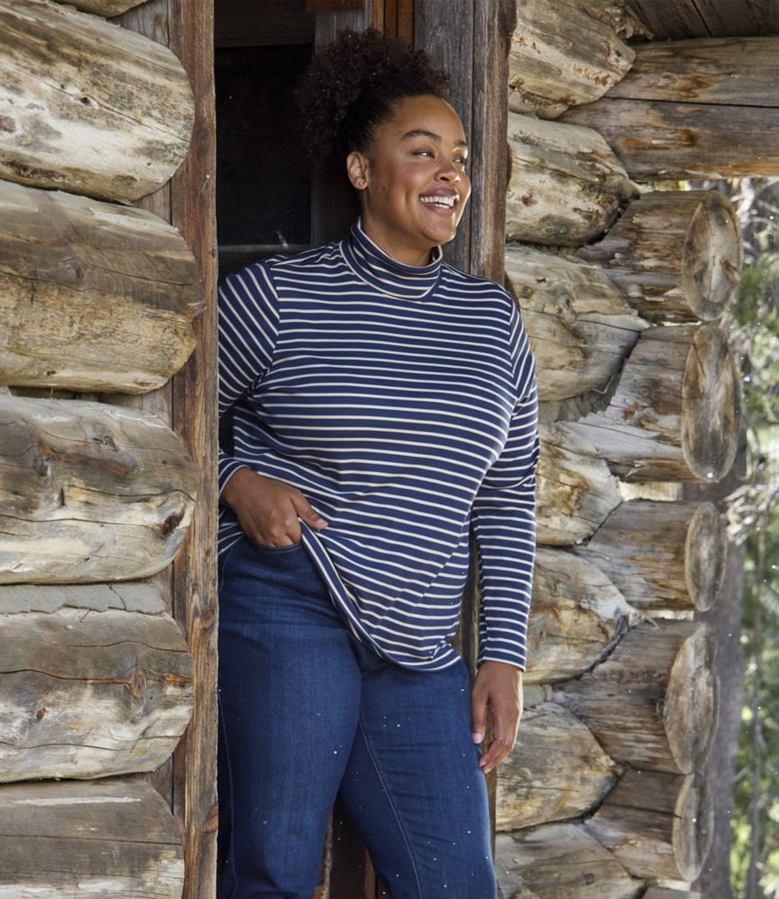 Women's Pima Turtleneck, Long-Sleeve Stripe, Cream/Shadow Green, small image number 5