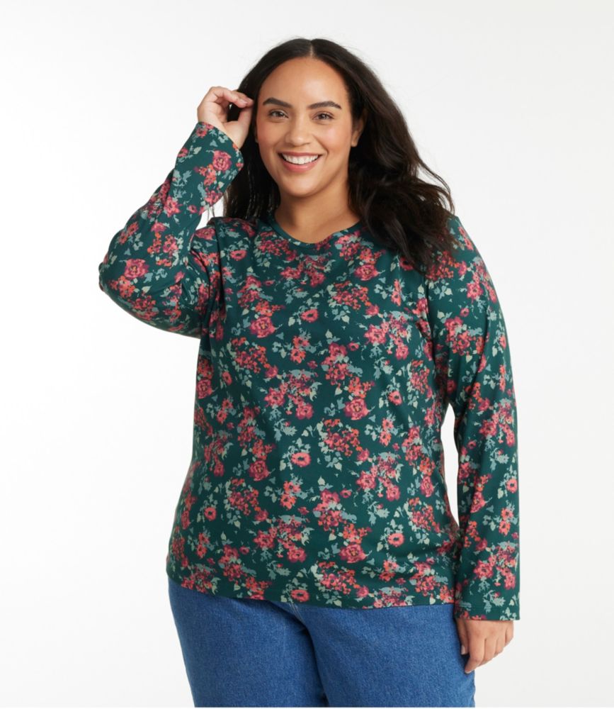 Women's Pima Cotton Tee, Long-Sleeve Crewneck Print, Dark Pine Winter Floral, small image number 2