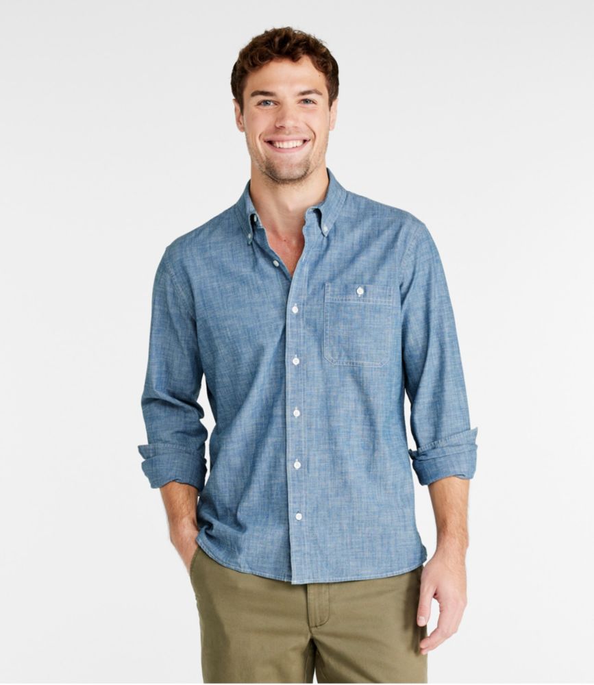 Men's Comfort Stretch Chambray Shirt, Long-Sleeve, Slightly Fitted Untucked Fit, Indigo, small image number 2