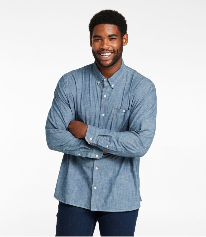 Men's Comfort Stretch Chambray Shirt, Long-Sleeve, Slightly Fitted Untucked Fit, Indigo, small image number 4