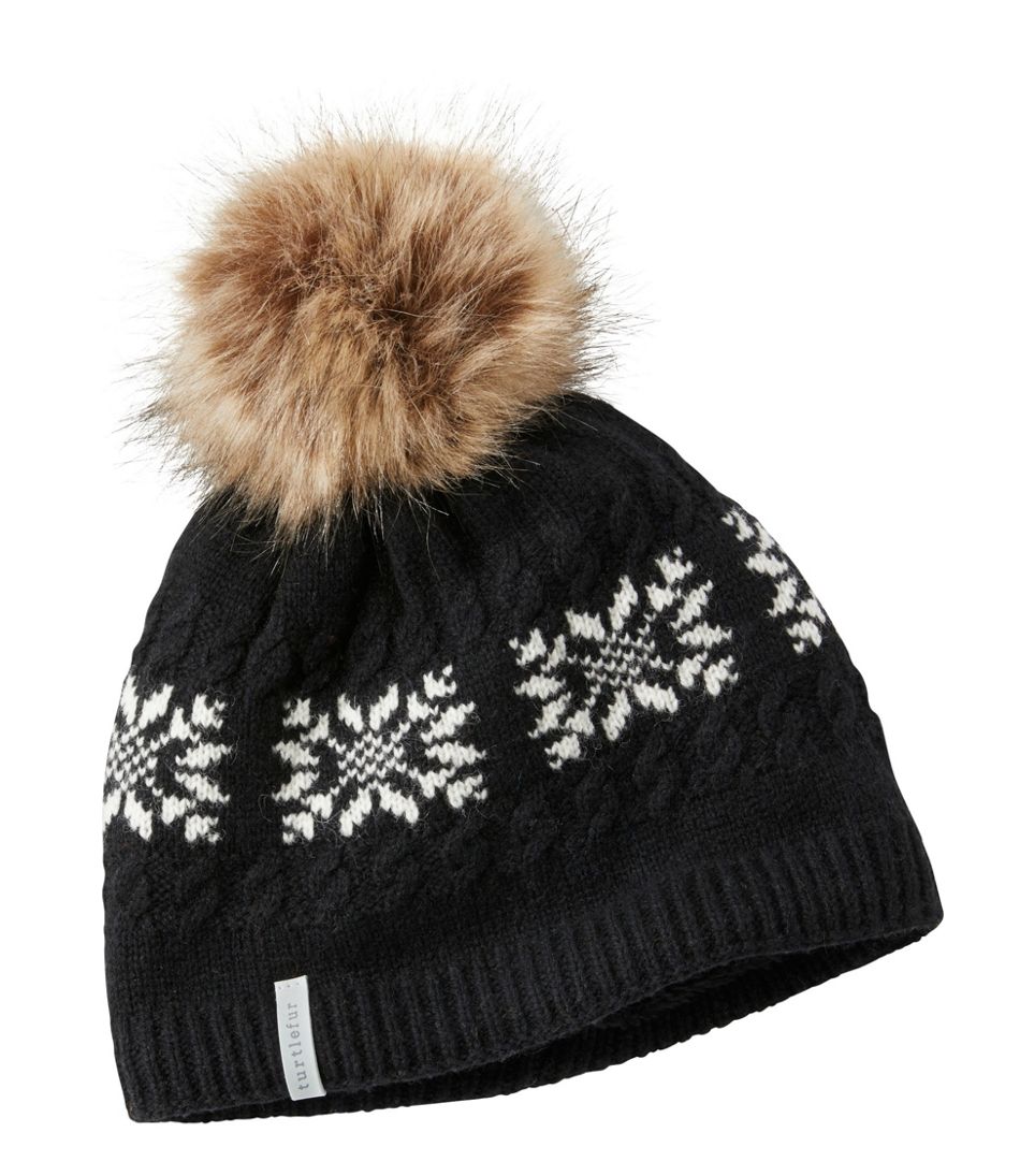 Winter Womens Wool Knitted Turtle Fur Beanie With Real Fur Pom