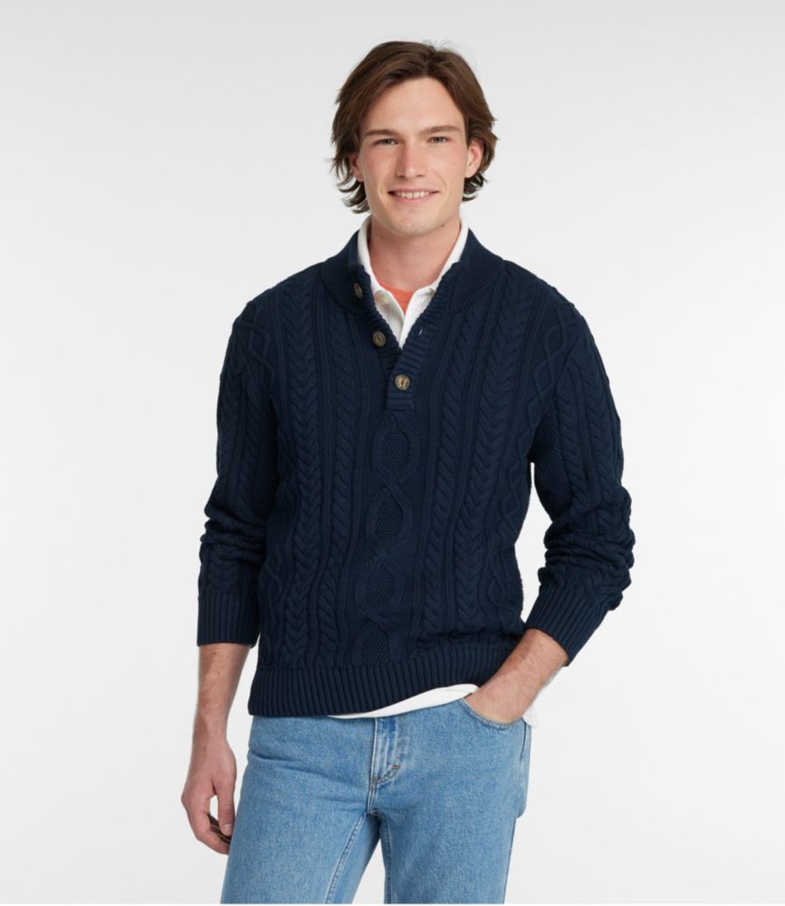 Men's Bean's Heritage Soft Cotton Fisherman Sweater, Button-Mock, Classic Navy, small image number 2