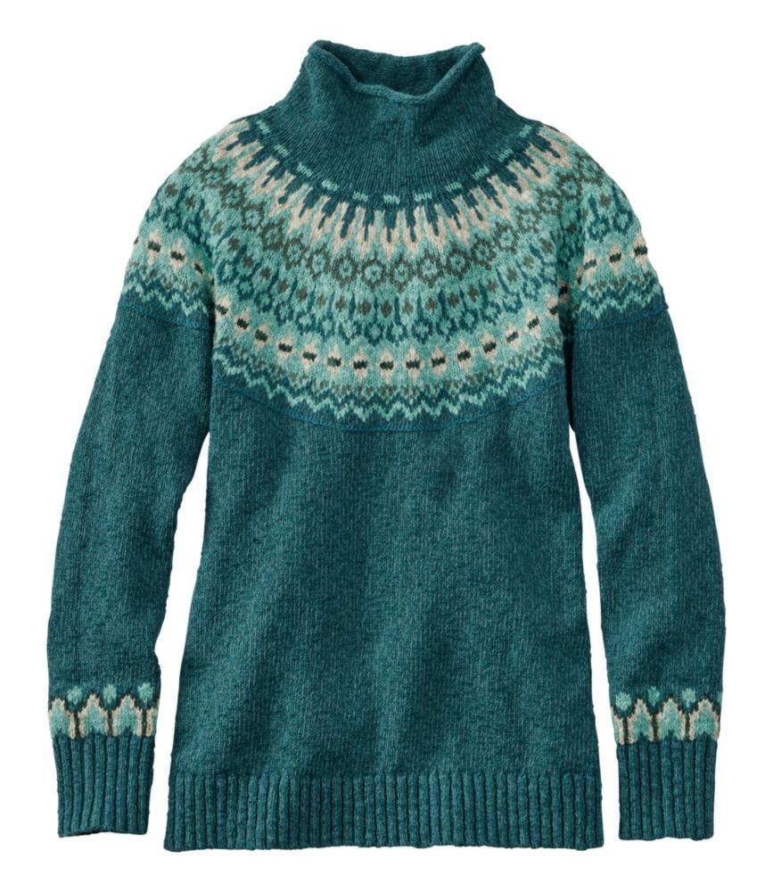 Women's Cotton Ragg Sweater, Funnelneck Pullover Fair Isle