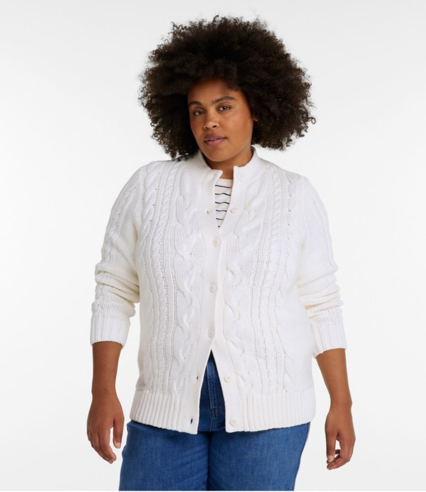Women's Double L® Cable Sweater, Button-Front Cardigan, Bone, small image number 2