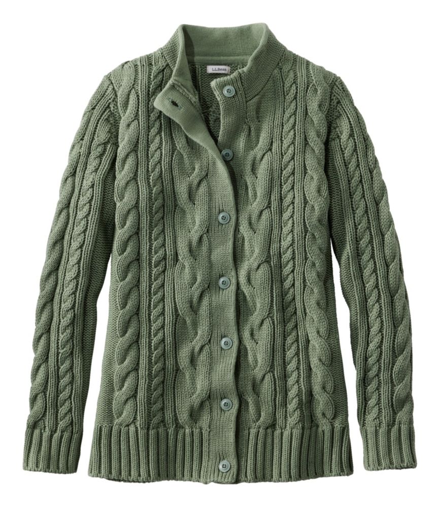 Women's Double L® Cable Sweater, Button-Front Cardigan, Bay Leaf, small image number 1